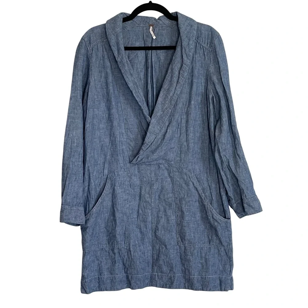 Free People Blue Linen Cotton Chambray Surplice Shawl Collar Mini Dress Womens M